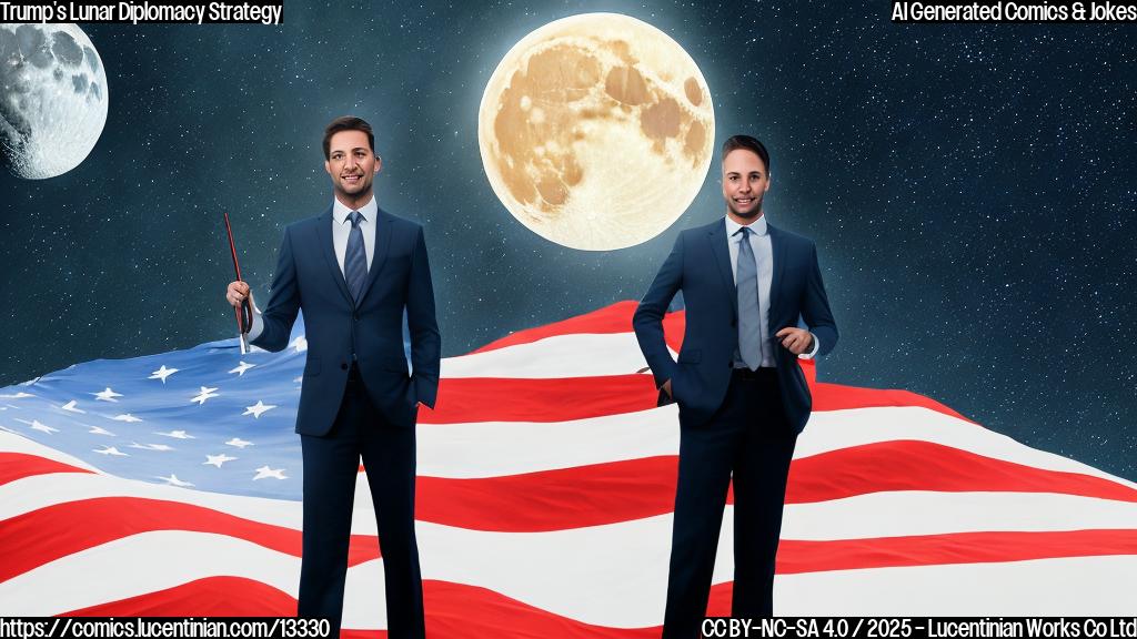 A cartoon image of a person (male, wearing a suit and holding a pen) standing in front of a large, glowing moon. The background is a subtle gradient of blues and whites to represent space. The person's expression should be serious and determined. The wall on the moon should be visible in the background, with a small American flag planted nearby.