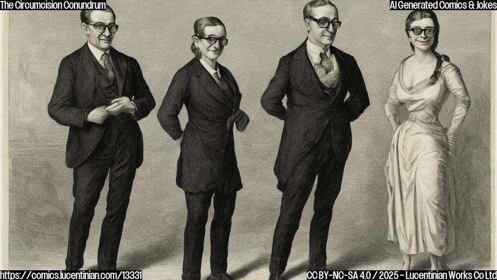 a male figure with a stern expression, wearing glasses and a suit, standing in front of a woman with a surprised expression, both are smiling slightly