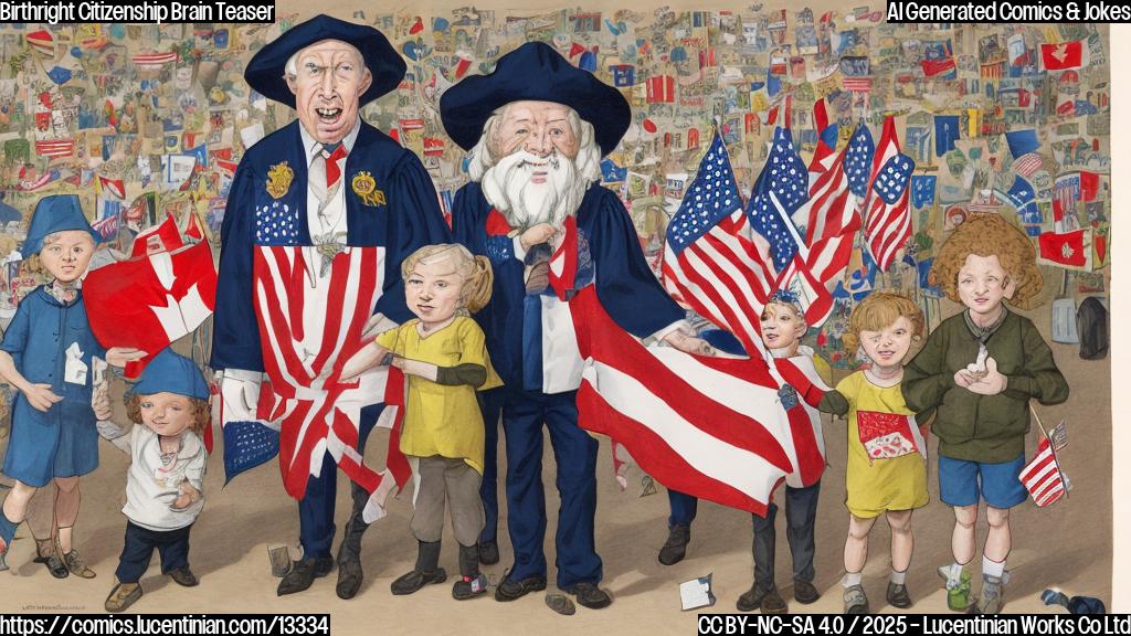 a cartoon of a judge with a puzzled expression, surrounded by flags and maps of the United States and Canada, with two small children holding hands in front of her, one with a Canadian flag hat and the other with an American flag scarf