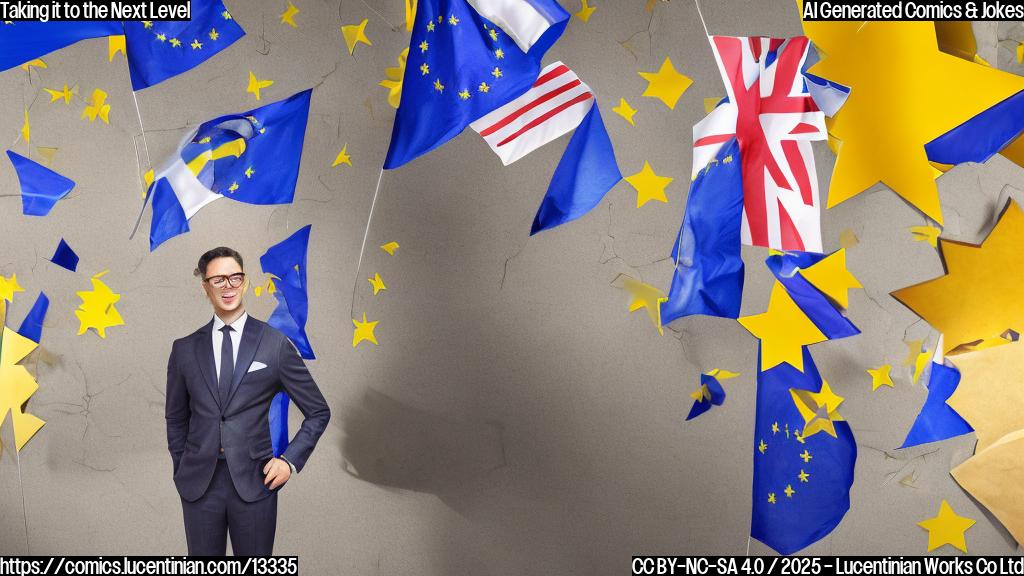 A person in a suit and tie standing on a small step, looking up at a high ceiling with a confident expression, surrounded by EU flags and documents.