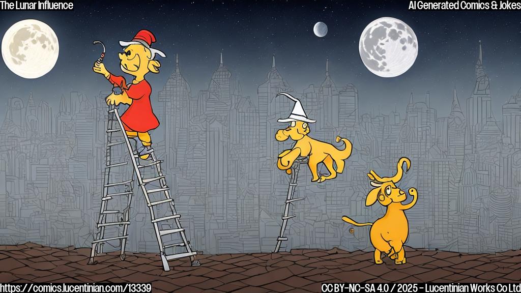 Draw a simple cartoon style image of an Aries person standing on top of a ladder, with a cityscape in the background and the moon visible in the sky. The Aries person should be holding a party hat and smiling, while also looking slightly uncomfortable and unsure about why they brought the ladder.