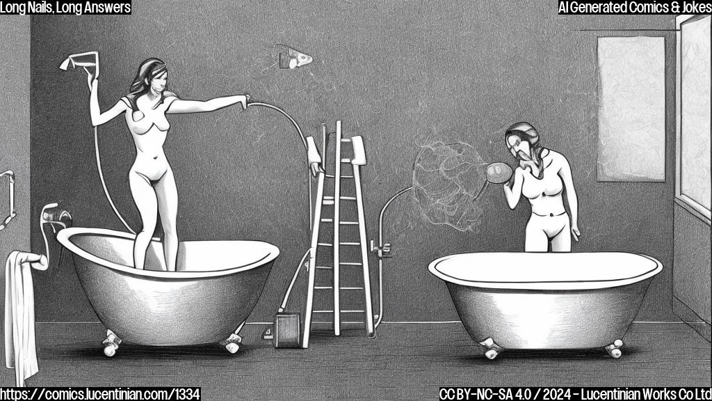 Draw an image of a person with extremely long fingernails standing in front of a bathtub with a ladder next to it. The person should be holding a toilet brush, and there's a hint of soap or bubbles nearby.