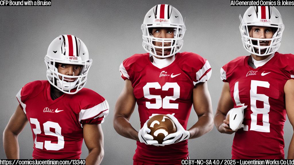 A cartoon of two football players, one wearing a Buckeyes helmet and holding a football, standing next to each other with the second player covering their face with their hands. The background should be a blurred image of an Indiana University stadium at night.