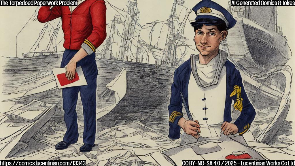 A plain color cartoon style picture of a sailor wearing a hat and holding a clipboard, standing in front of a damaged ship with a red X marked on it. The sailor has a thoughtful expression on his face, and there are papers and pens scattered around him.