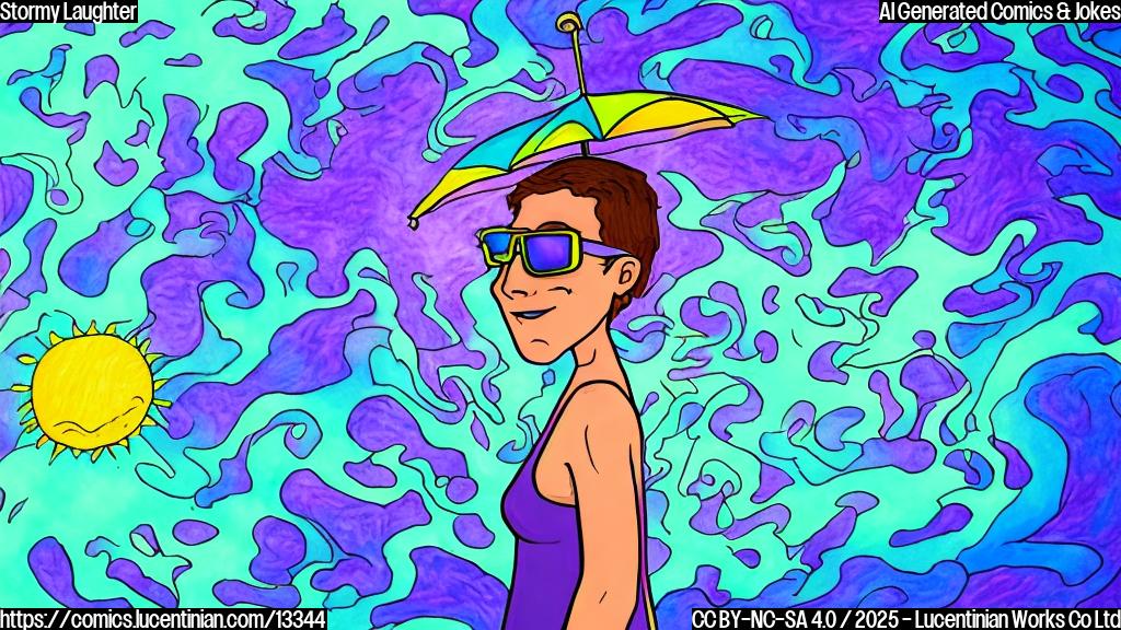 Draw a simple cartoon of a person wearing solar shades and holding an umbrella, with a faintly worried expression on their face, standing in front of a background of swirling purple-blue colors representing the Earth's magnetic field.