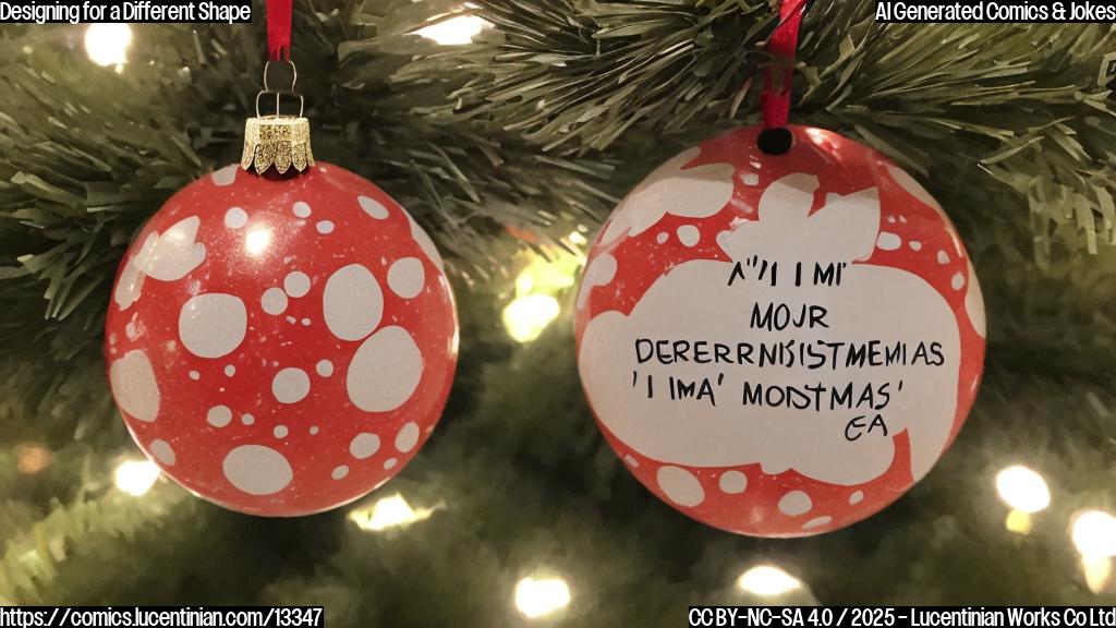 A modern Christmas ornament with a distinctive curved shape, surrounded by other ornaments in more traditional shapes, looking concerned and holding a small sign that reads "I'm feeling a little off-center".