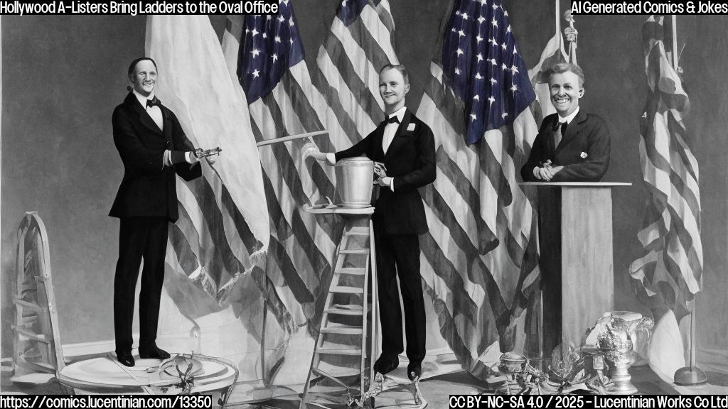 A person holding a ladder and another person sitting on a pedestal, with a podium in the background, both wearing formal attire and smiling at each other. The person holding the ladder is standing next to a large American flag.