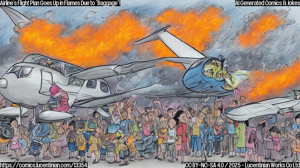 Draw a cartoon of a small plane with suitcases spilling out of the windows, surrounded by confused and frustrated passengers. The plane is on fire with smoke pouring out of the engines.