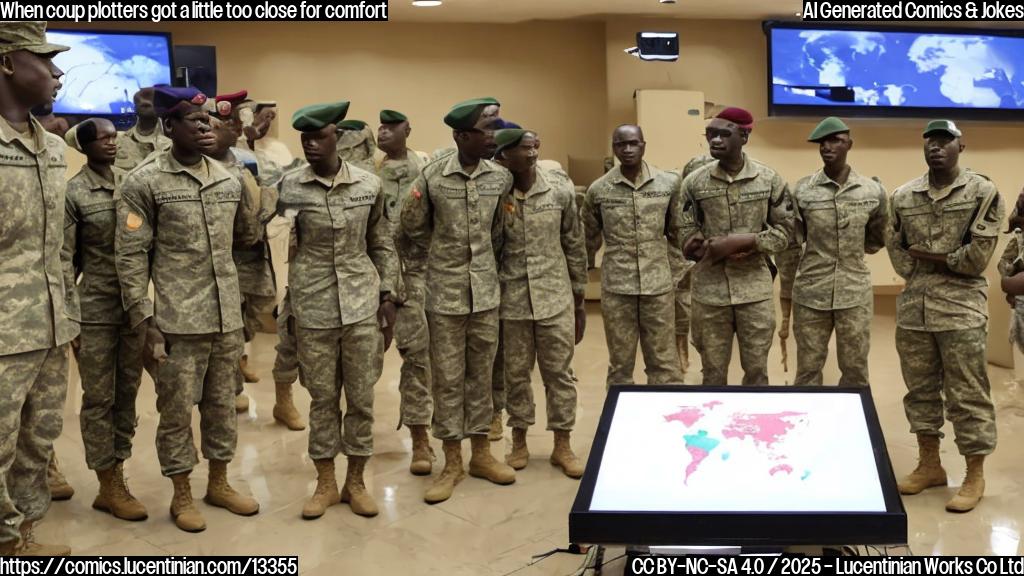 A group of soldiers in military fatigues stand in front of a TV screen displaying state television, with a map of Benin behind them. The leader of the troops is holding a microphone, looking serious.