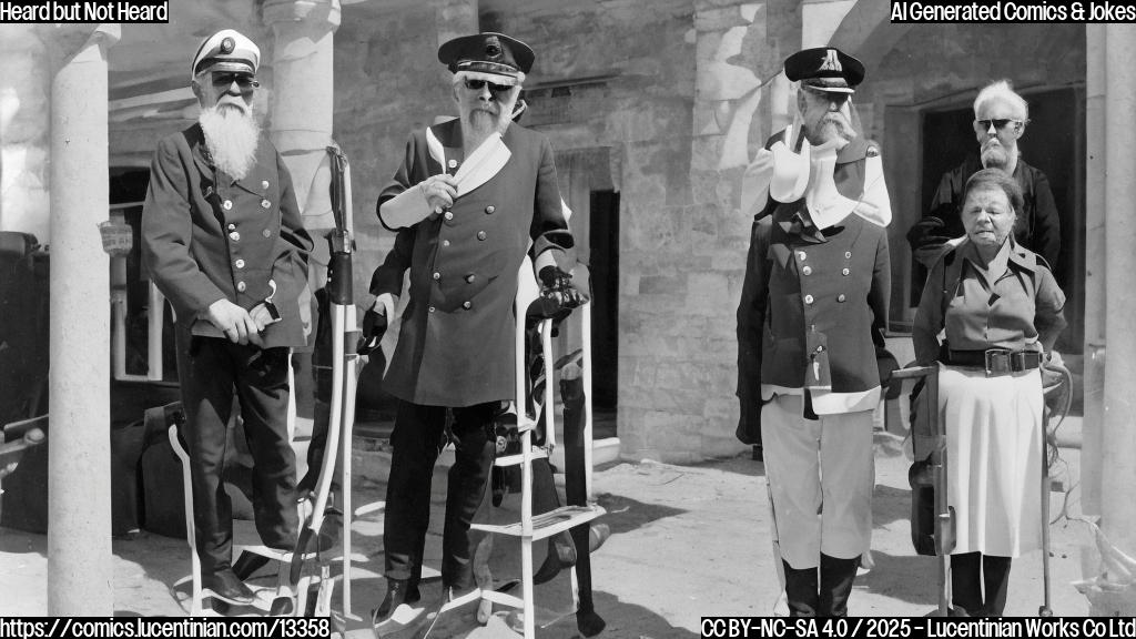 A 70-year-old man with a long white beard and a faded naval uniform stands next to a younger, equally elderly, woman with a similar uniform. Both are wearing sunglasses and holding walking sticks. The man is holding the top of a large, decorated ladder while the woman looks at him curiously from beneath her sunglasses.