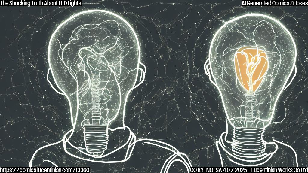 A cartoon-style image of a person (medium-sized, with a surprised expression) holding an LED light bulb (with a "dying" or "expiring" effect on it), surrounded by electrical wiring and power outlets. The background should be a dimly lit room with a few scattered bulbs to emphasize the "life sucking out of you" pun.