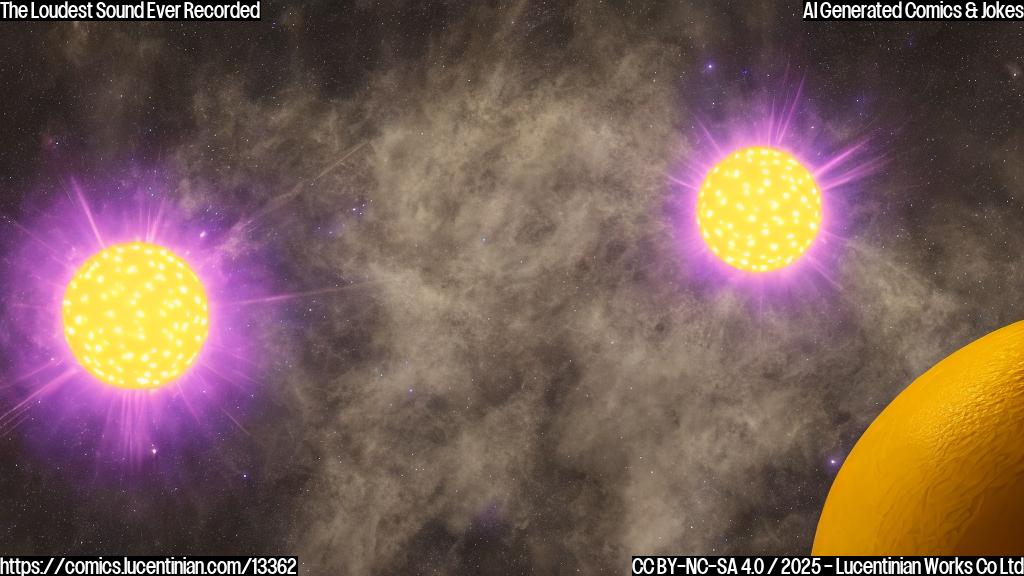 A large, yellow-orange sphere with sharp edges and pointy protrusions, surrounded by a swirling mist of blue and purple gases. The sphere is emitting a bright, pulsating light that intensifies as it spins around its central axis.