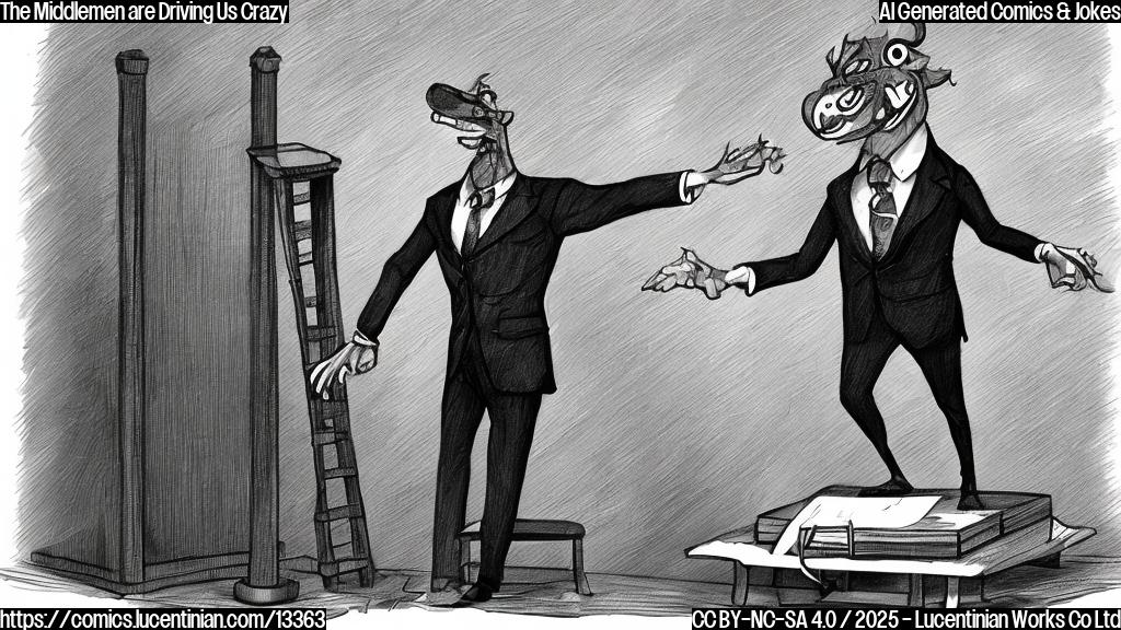 Draw an anthropomorphic middleman character standing on top of a desk, wearing a suit and holding a ladder. The middleman should have a satisfied expression on its face, with a subtle hint of smugness.