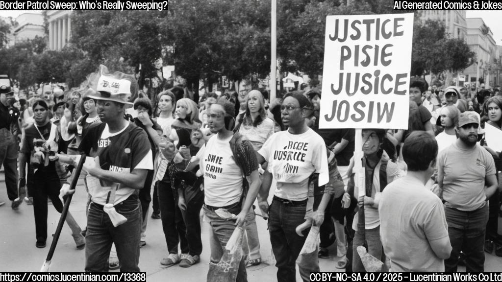 A person in a black and white striped shirt holding a sign that says "Justice Now" stands next to another person wearing a bright orange vest with a broom attached to their belt, surrounded by people protesting on Poydras Street.