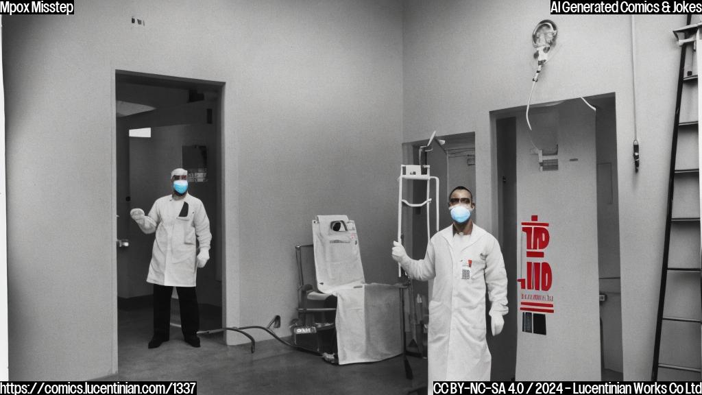 a medical professional stands next to an empty ladder, wearing gloves and a mask, in front of a hospital background. The ladder is leaning against a large white door with a red "Mpox" sticker on it. The medical professional is looking up at the ladder as if contemplating something.