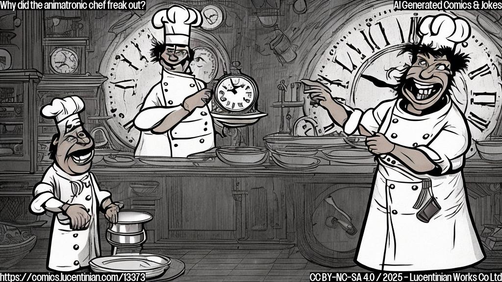 A cartoon of an old, rusty animatronic chef with a frazzled expression, wearing a chef's hat and apron, standing in front of a clock that reads "Fired". The background should be a dark and ominous color scheme to match the theme.