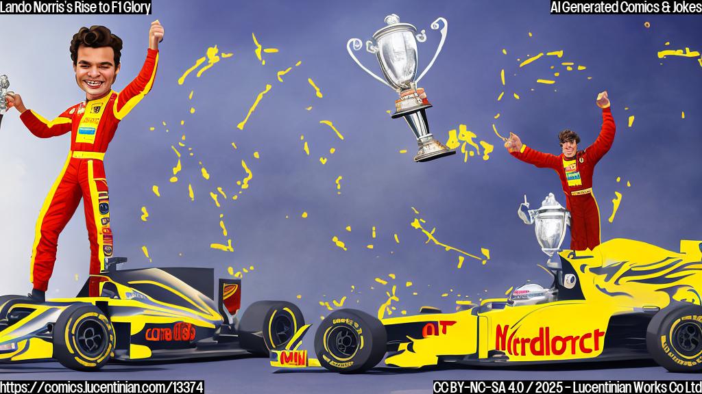 Draw a cartoon of a racing driver (Lando Norris) holding a trophy and standing on top of a ladder, with a triumphant expression on his face. The background should have a racing track with cars in the distance. Include a smaller image of Max Verstappen driving his car in the foreground, with Oscar Piastri's car slightly behind him.