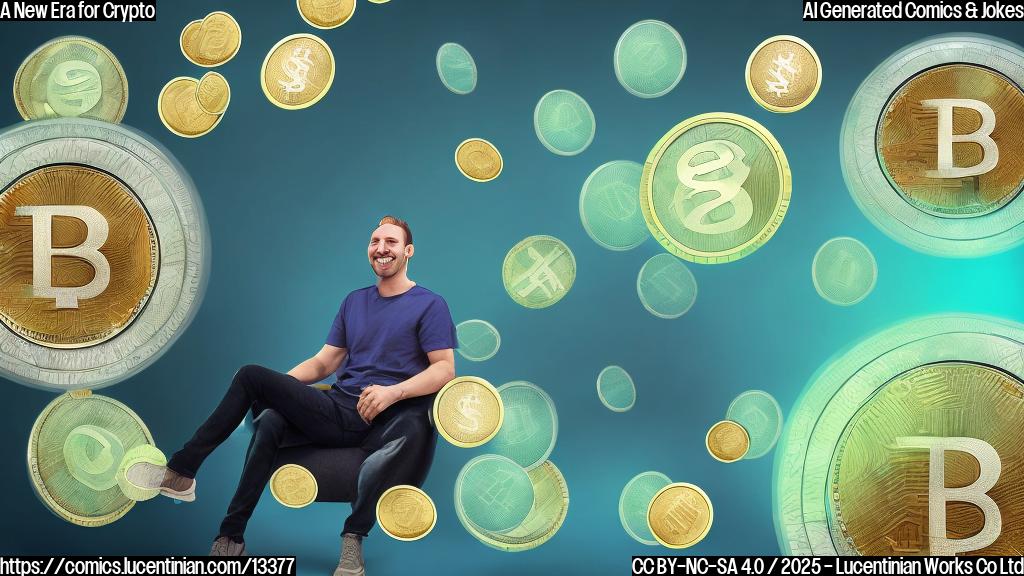 A smiling cartoon-style picture of a person sitting on a therapist's couch, with a few digital coins floating above their head, surrounded by calming blue and green colors.
