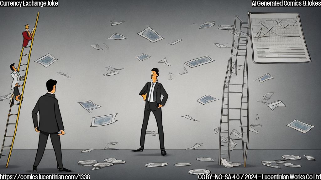 Draw a cartoon of an investor standing on a ladder, holding a briefcase and looking up at a graph with rising stock prices, with a confident expression on his face. The background should be a muted color with financial news headlines in the distance.