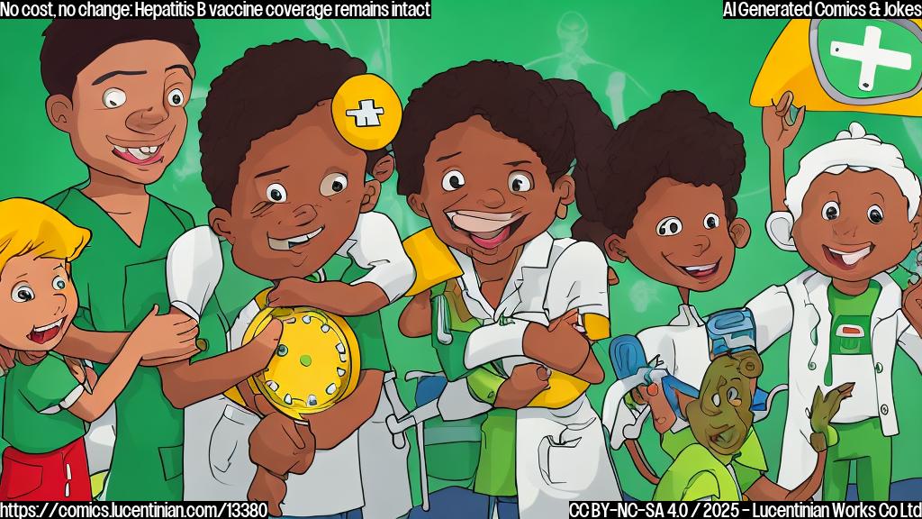 A cartoon of a smiling child holding a yellow vaccination needle, with a green shield around their arm and a red X marked through a dollar sign in front of them, surrounded by two adults (a man and woman) both wearing white coats and standing next to the child, with one pointing to the vaccine and the other crossing their arms. The background is a blurred image of a hospital room with a stethoscope hanging from the wall.