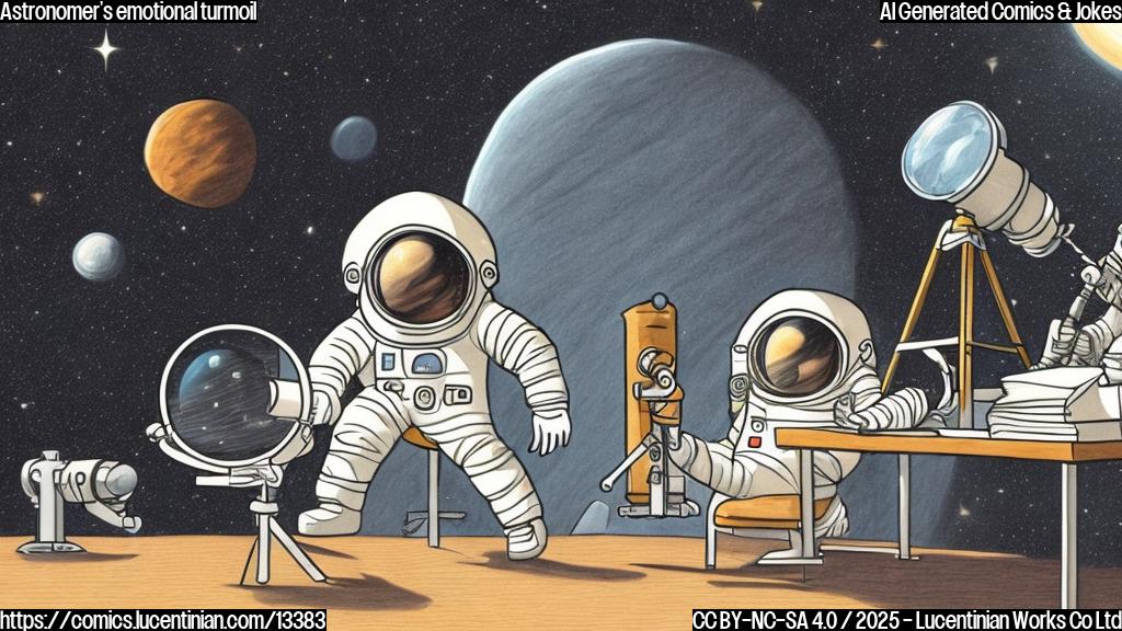 Draw a plain color cartoon style picture of an astronaut sitting in a therapist's office, with a telescope on the desk between them. The astronomer is looking down, while the therapist is leaning forward with a concerned expression.