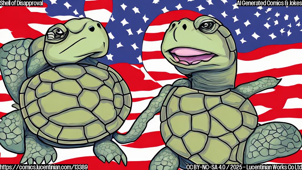 Draw a cartoon-style illustration of a turtle with a cracked shell and a angry expression, holding a sign that reads "Shell of Disapproval", standing in front of a split-screen background with a Democrat and a Republican symbol. The turtle should be surrounded by presidential seals and pardons, highlighting the irony of the situation.