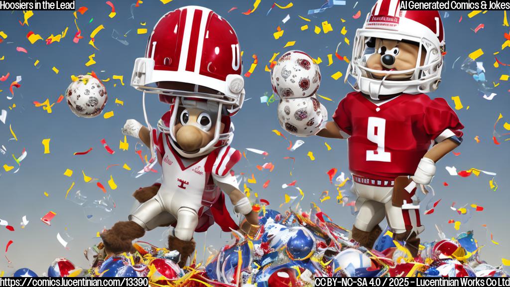 A cartoon-style illustration of a smiling, helmet-wearing Hoosier (Indiana University's mascot) standing on top of a ladder with confetti and footballs surrounding it, while other teams' logos and helmets are scattered around the bottom of the image in disarray. The Hoosier should be holding a "1" sign, symbolizing their new ranking as No. 1.