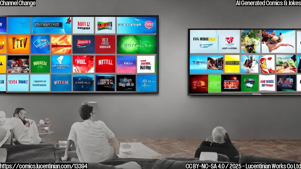 A TV with multiple screens showing different channels, with one screen having a "For Sale" sign and another screen displaying a Netflix logo that's being scratched off.
The TV is surrounded by scattered remote controls and a few DVDs.
