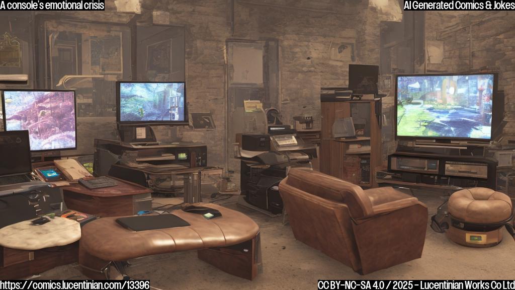 a console with a sad expression sitting on a therapist's couch surrounded by game controllers and screens displaying error messages