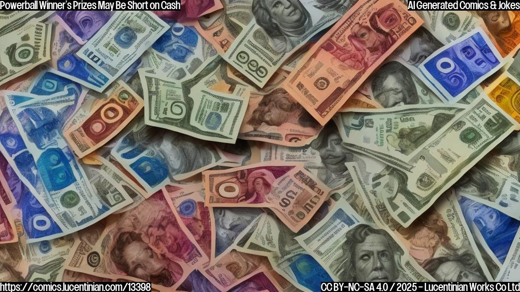 A large, multicolored cash prize with a smaller, more subdued version of itself in the background, surrounded by financial symbols such as dollars and tax brackets.