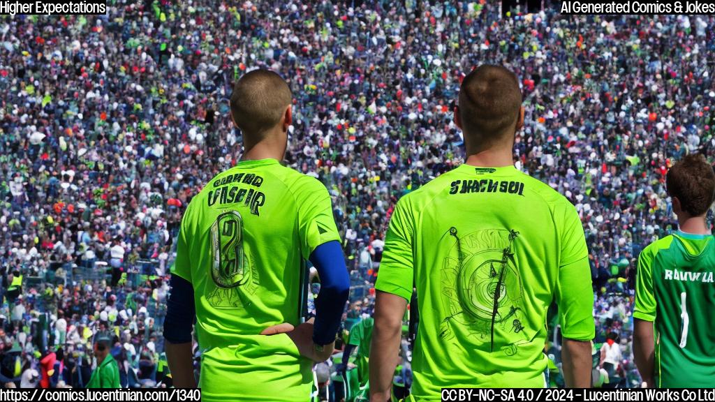 A soccer player with a ladder, wearing a bright green jersey with a star pattern and standing on top of it, looking out at the crowd with a confident expression. The background is a blurred stadium scene with fans cheering in the stands.