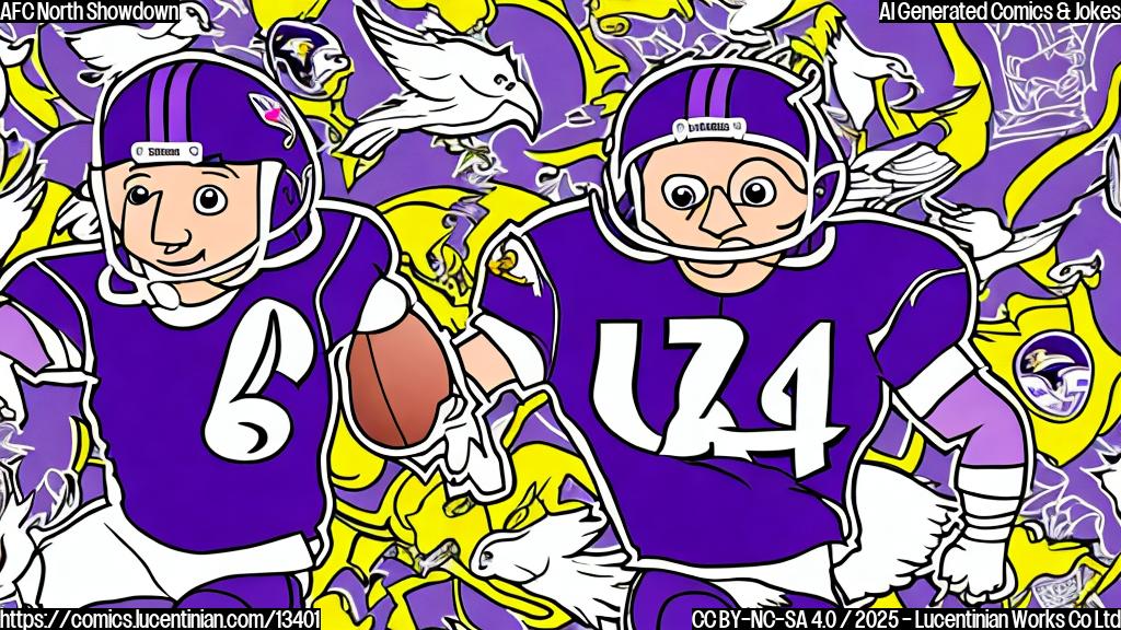 Draw a cartoon of a bird wearing a purple jersey with a confused expression, surrounded by football fields and a Baltimore Ravens logo in the background.
