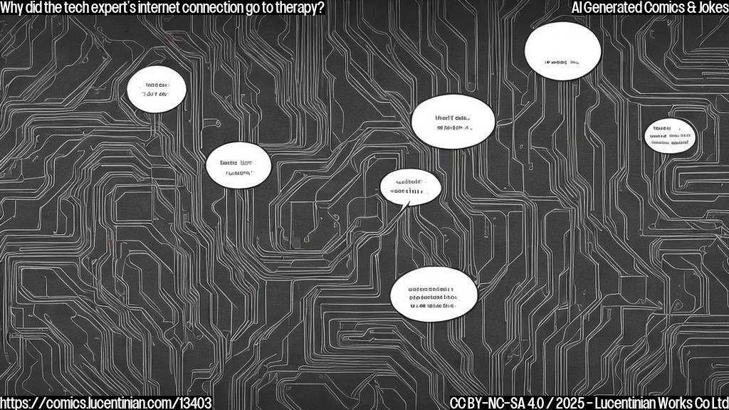 "A sad-looking internet connection with a thought bubble above its wires, surrounded by computer screens and cables. The internet connection is leaning on a therapist's couch."