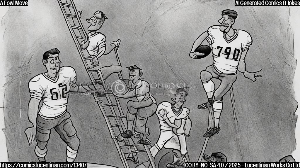 Draw a cartoon of a football player standing on top of a ladder, holding a football and wearing a determined expression, with a rival football player in the background looking frustrated.