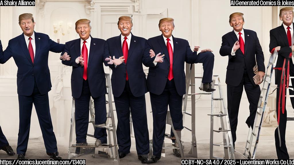 A person in a suit is sitting on top of a ladder, with the CEO of Netflix (Ted Sarandos) standing next to him and the President of the United States (Donald Trump) standing below them. The person on the ladder has their hands up in the air in a gesture of agreement, while the other two characters have surprised expressions on their faces.