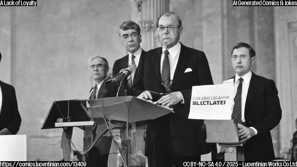 A stern-looking older man in a suit, with a red face and raised eyebrows, is standing behind a podium, looking directly at a younger man wearing a suit and holding a ballot. The background is a blurred image of a US Capitol building.