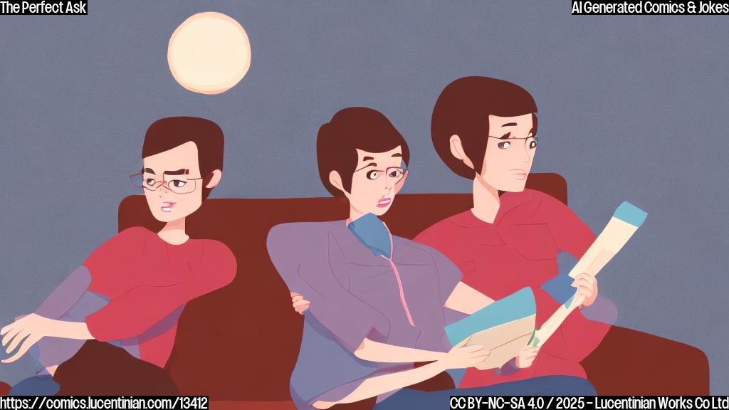 Draw an animated cartoon of two young adults sitting on a couch together, with one looking confused and the other holding a book or a script. The background should be a blurred theater set with dim red lights.