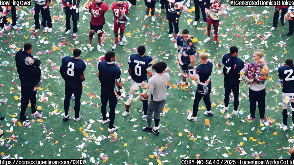 A group of disappointed football players standing in a circle, with one player holding a " Declined Invitation" sign and another player looking dejected, surrounded by empty bowls and confetti.