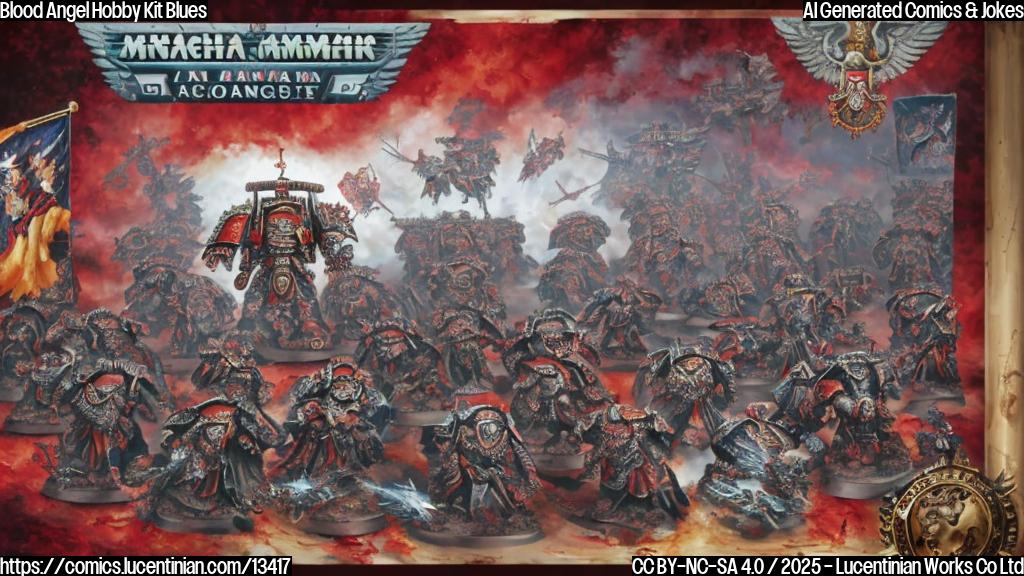 Draw a plain color cartoon style picture of a Blood Angel Space Marine's hobby kit on a desk, with paintbrushes and paints scattered around it. The hobby kit itself is a small, intricately designed box with a red and gold Aquila Double-headed Eagle logo on the front.