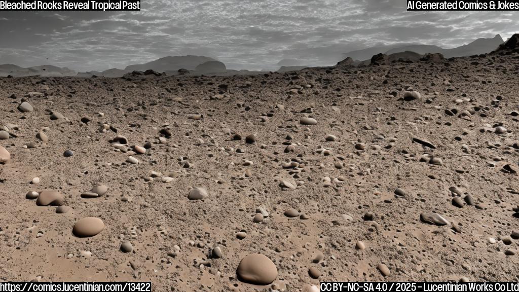 Draw two bleached, grayish-brown clay rocks with white speckles on a sandy Martian surface, surrounded by a few scattered pebbles and a small, dried-up riverbed in the distance. Include a few wispy clouds in the sky to add some atmosphere.