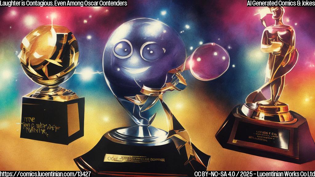 A cartoon style image of a smiling, award-filled trophy with a thought bubble containing a scribbled drawing of a conflicted face, sitting on a therapist's couch next to a movie screen displaying the title "One Battle After Another". The background is a subtle, gradient-like representation of Hollywood glamour.