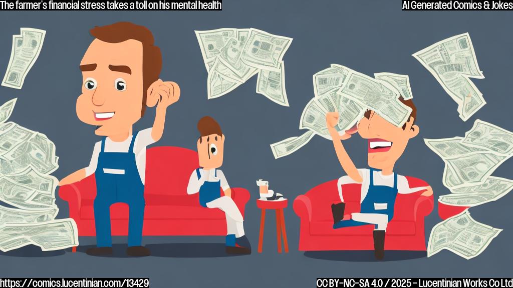 Draw a cartoon of a person sitting on a couch, looking stressed, with a stack of bills and debt collectors in the background. The person is holding a pitchfork and wearing overalls.