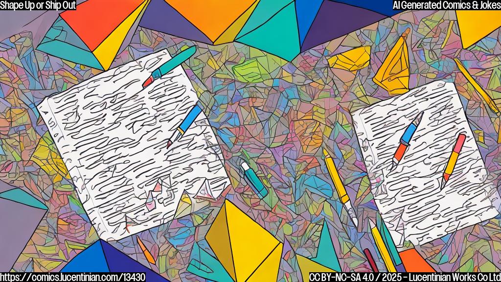 A colorful, cartoon-style image of a polygon (a shape with multiple sides) looking worried and holding a pen, surrounded by papers and a cityscape in the background, with a subtle hint of a peace treaty tablecloth and a few torn pages on the ground.