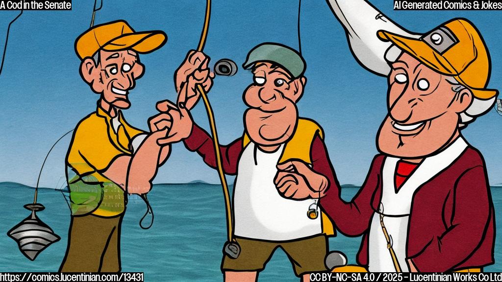 Draw a cartoon of a fisherman holding a fishing rod with a "hook" labeled as "Senate" and a codfish on the end, with a surprised expression on its face.