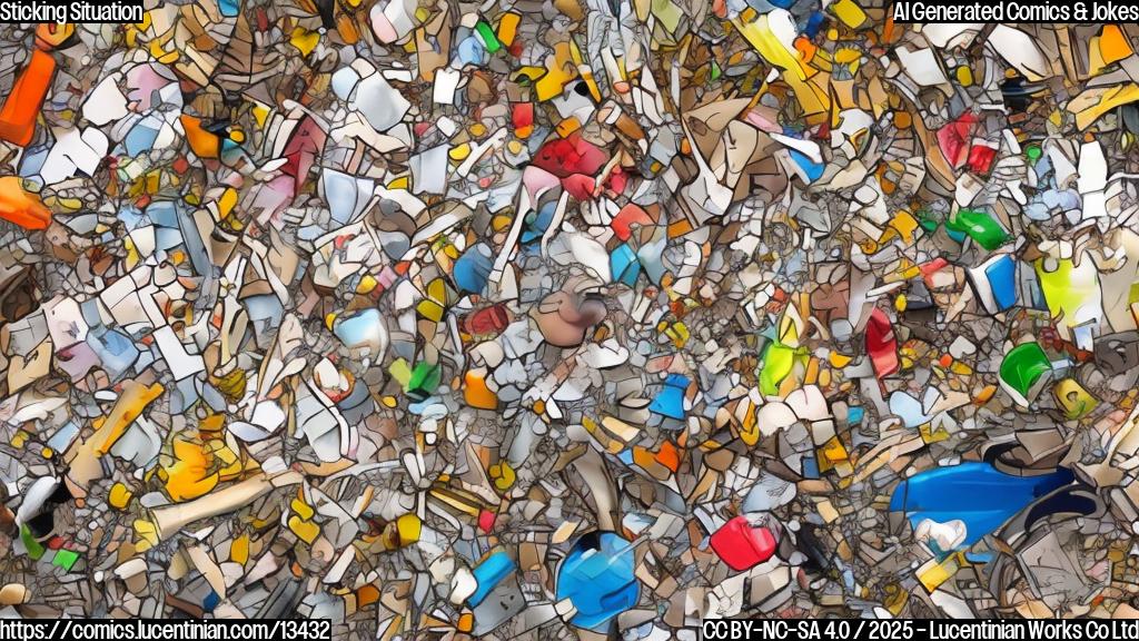 Draw a cartoon of a person trying to use waste cooking oil as glue and ending up with it sticking their own shoes together. Include a puzzled expression on their face and a few scattered objects around them that got stuck due to the adhesive properties of the oil.