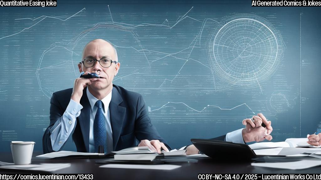 a central bank official sitting at a desk with a thought bubble above their head, surrounded by charts and graphs with varying lines and trends. The official is holding a pen and looking uncertain, while the background is a subtle gradient of blues and grays to represent uncertainty.