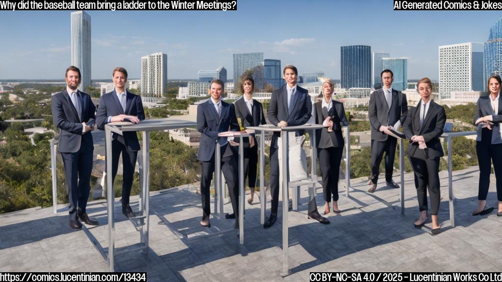 a group of people in business attire standing on a podium, with a large ladder behind them and a cityscape of Orlando in the background