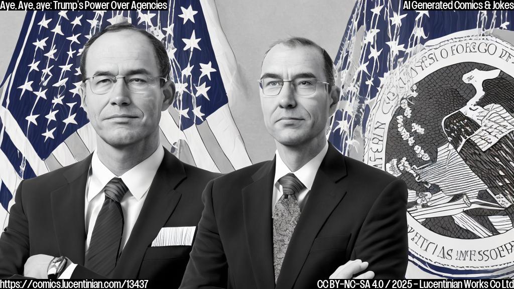 Draw an image of a stern-looking man in a suit, with a hint of a smile on his face, surrounded by flags and seals of various government agencies, with a faint outline of the Federal Trade Commission logo in the background. The man should be holding a pen and standing in front of a large desk with a "Presidential Seal" on it.