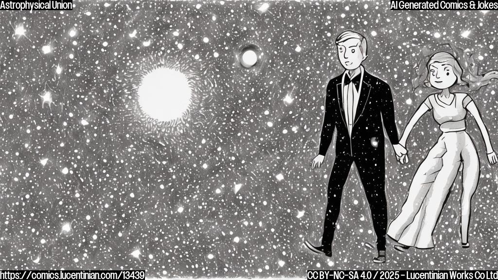 Imagine a cartoon of a person holding hands with another, but as they walk towards each other, the woman's hand starts to shrink and pull away from the man, while the man is getting closer and closer to her. In the background, a massive black hole is visible, with stars and galaxies swirling around it, and an exploding star in the foreground.