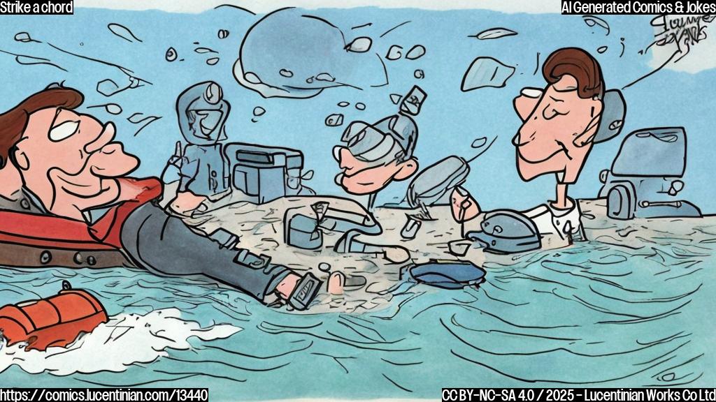 Draw a cartoon of a pilot sitting on a therapist's couch with a submarine in the background, looking worried and traumatized. The submarine should have a few scratches and dents from the boat strike.
